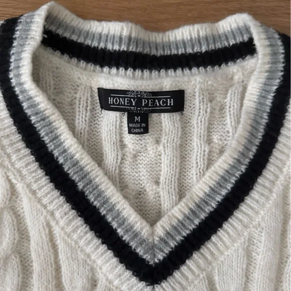 Cream Cable V-Neck Sweater with Black Trim - Picture 2 of 3
